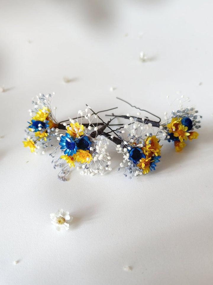 Blue & Yellow Flower Hairpins: Preserved Floral Bridal Hair Accessories – handmade floral hair accessory by magaela
