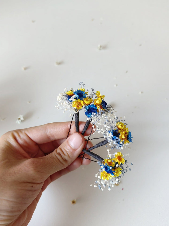 Blue & Yellow Flower Hairpins: Preserved Floral Bridal Hair Accessories – handmade floral hair accessory by magaela