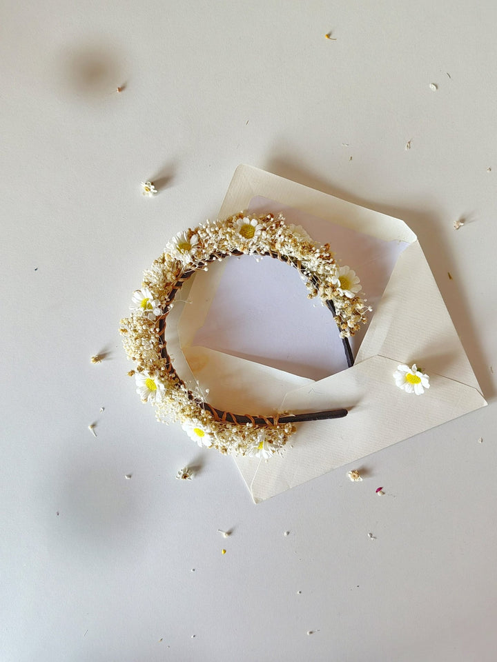 Daisy Wedding Headband: Ivory Flower Crown with Baby's Breath – handmade floral hair accessory by magaela