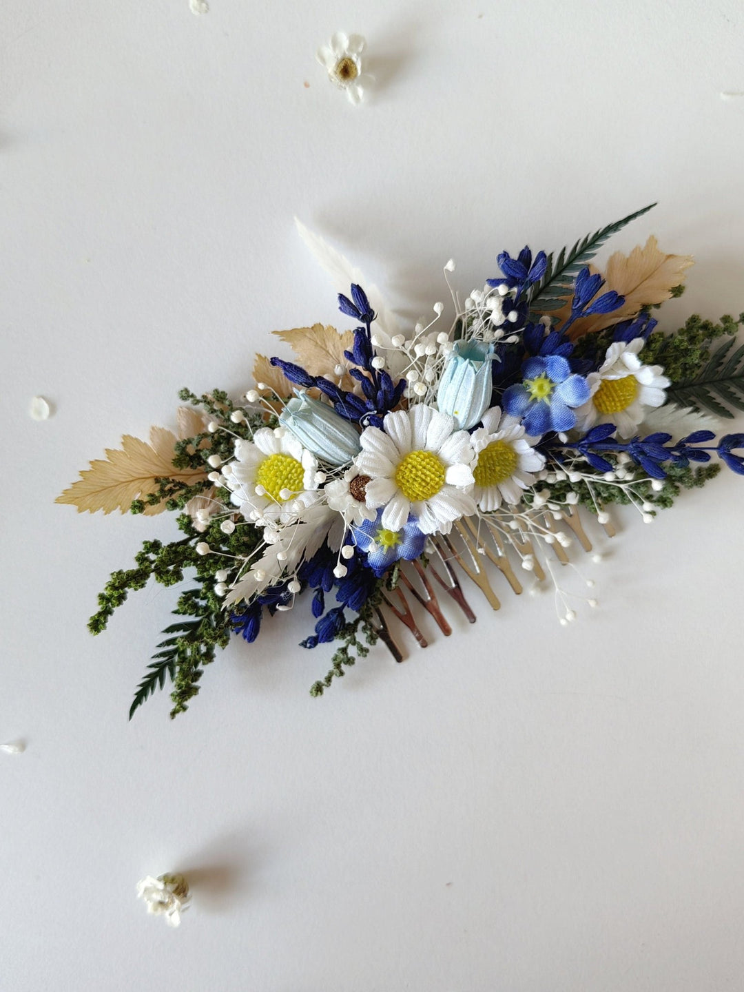 Daisy and Lavender Flower Hair Comb: Meadow Wedding Headpiece – handmade floral hair accessory by magaela