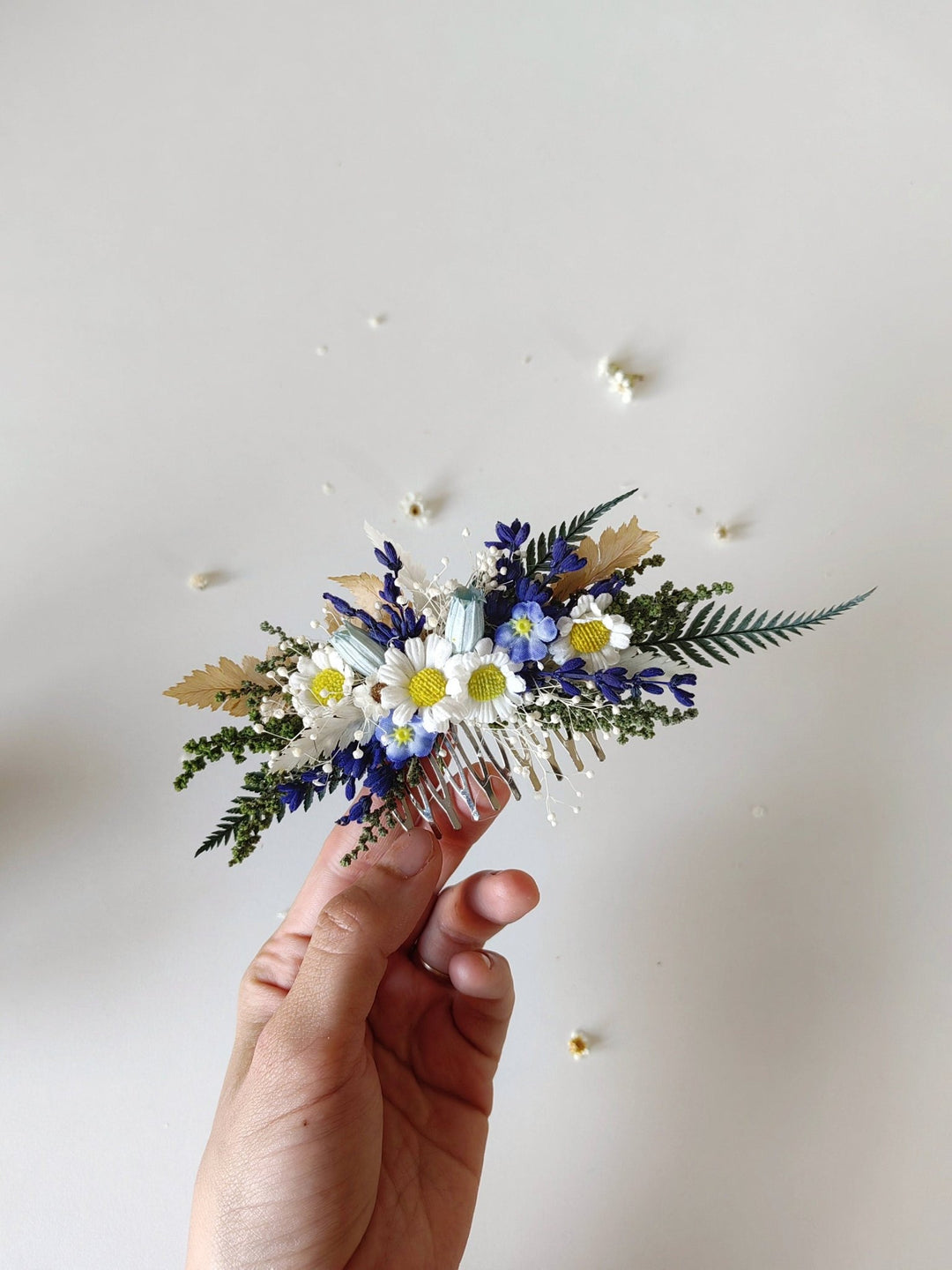 Daisy and Lavender Flower Hair Comb: Meadow Wedding Headpiece – handmade floral hair accessory by magaela
