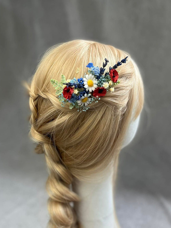 Meadow Flower Hair Comb: Bridal Poppy, Daisy Wedding Headpiece – handmade floral hair accessory by magaela