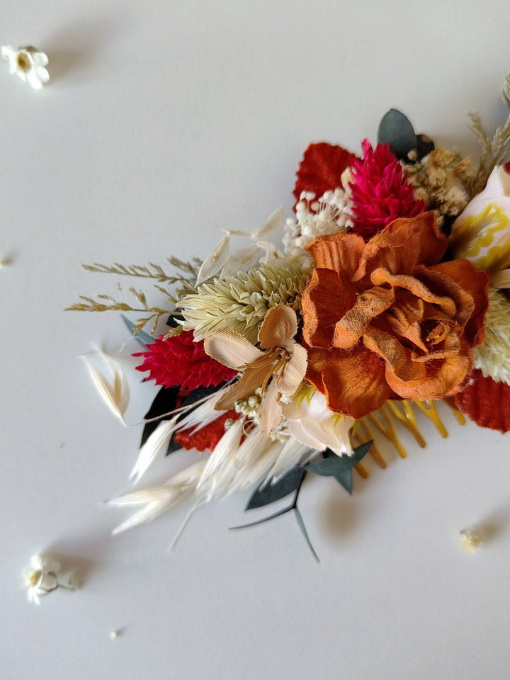 Terracotta Flower Bridal Hair Comb: Cinnamon Rose Boho Wedding – handmade floral hair accessory by magaela
