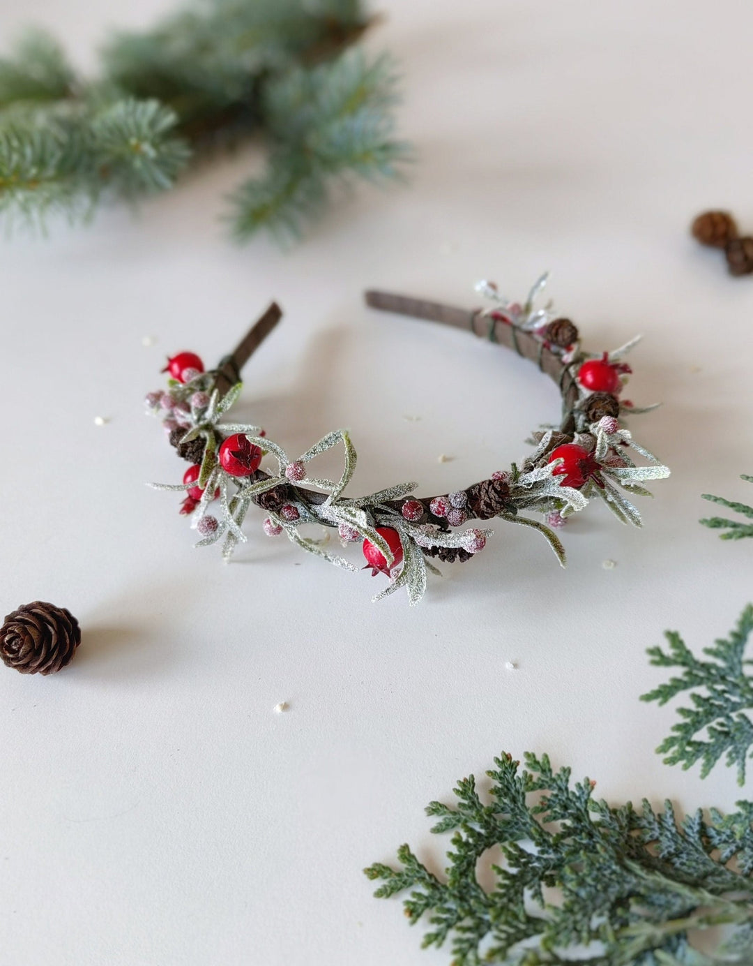 Christmas Flower Headband: Rosehips & Pine Cones Winter Crown – handmade floral hair accessory by magaela