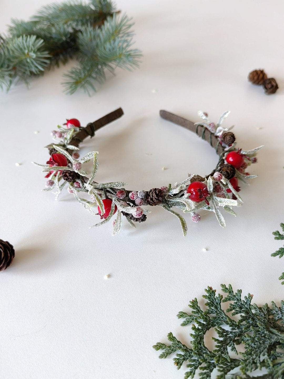 Christmas Flower Headband: Rosehips & Pine Cones Winter Crown – handmade floral hair accessory by magaela