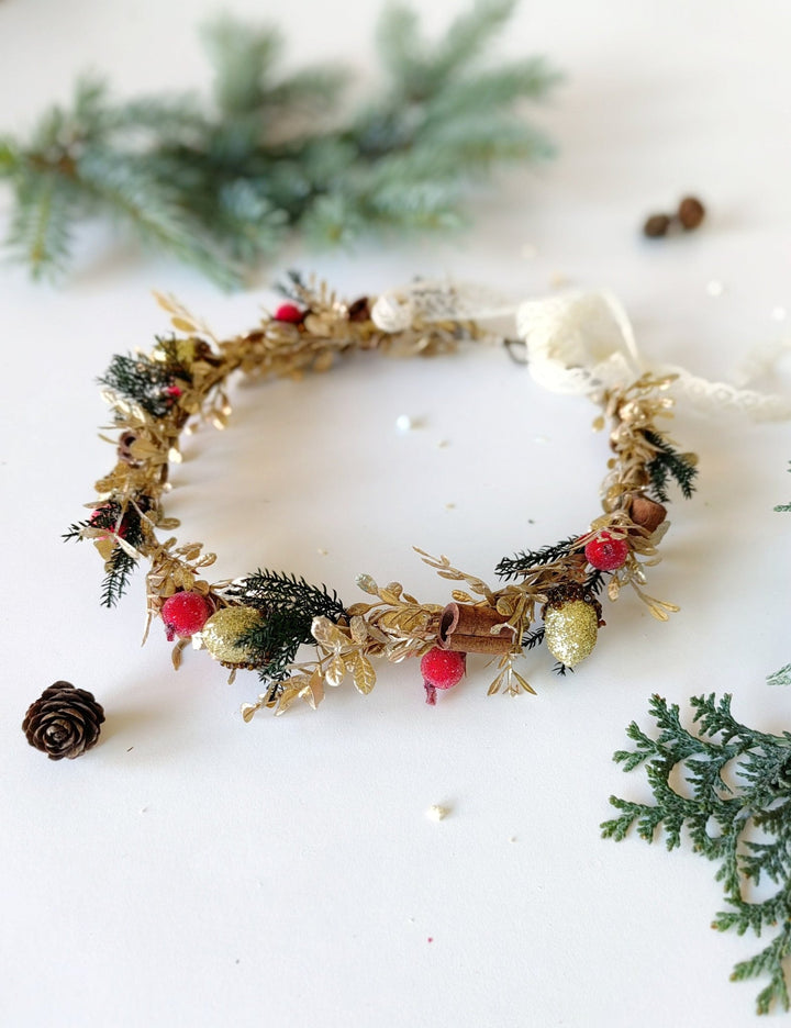 Christmas Hair Crown: Rose Hips, Cinnamon, Winter Wedding Wreath – handmade floral hair accessory by magaela
