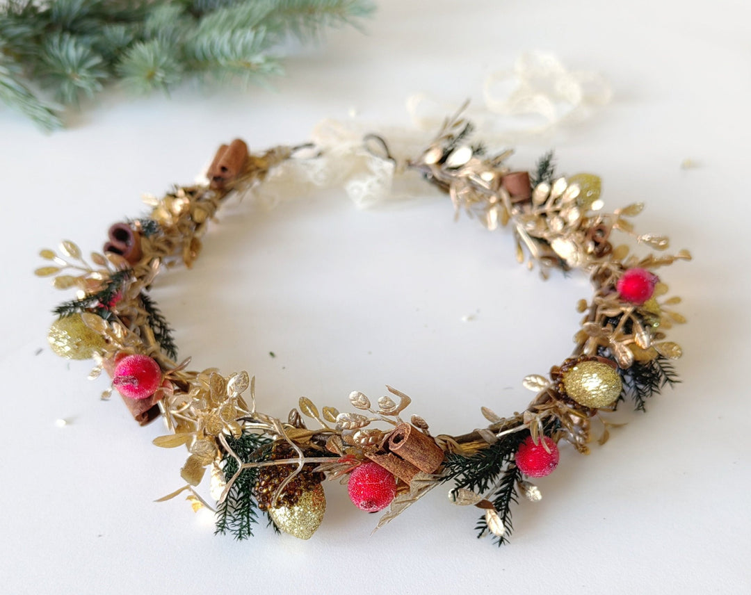Christmas Hair Crown: Rose Hips, Cinnamon, Winter Wedding Wreath – handmade floral hair accessory by magaela