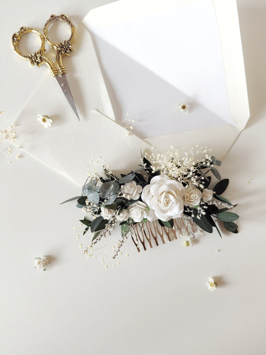 Bridal Flower Hair Comb: Romantic Greenery, White Roses – handmade floral hair accessory by magaela