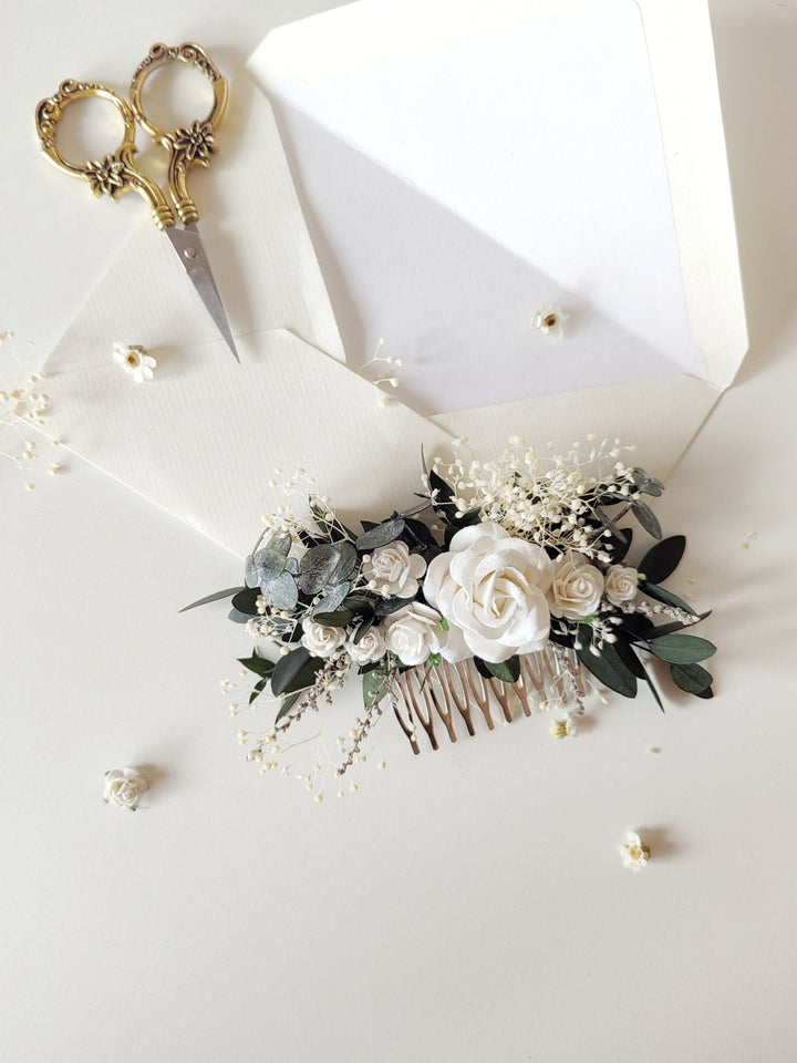 Bridal Flower Hair Comb: Romantic Greenery, White Roses – handmade floral hair accessory by magaela