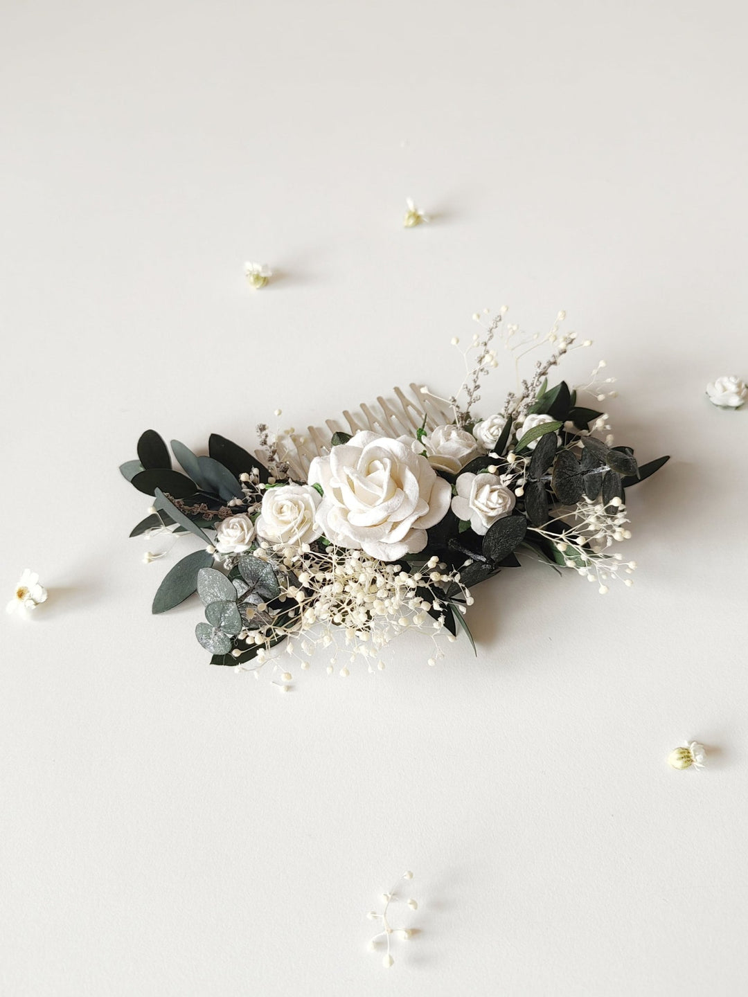 Bridal Flower Hair Comb: Romantic Greenery, White Roses – handmade floral hair accessory by magaela