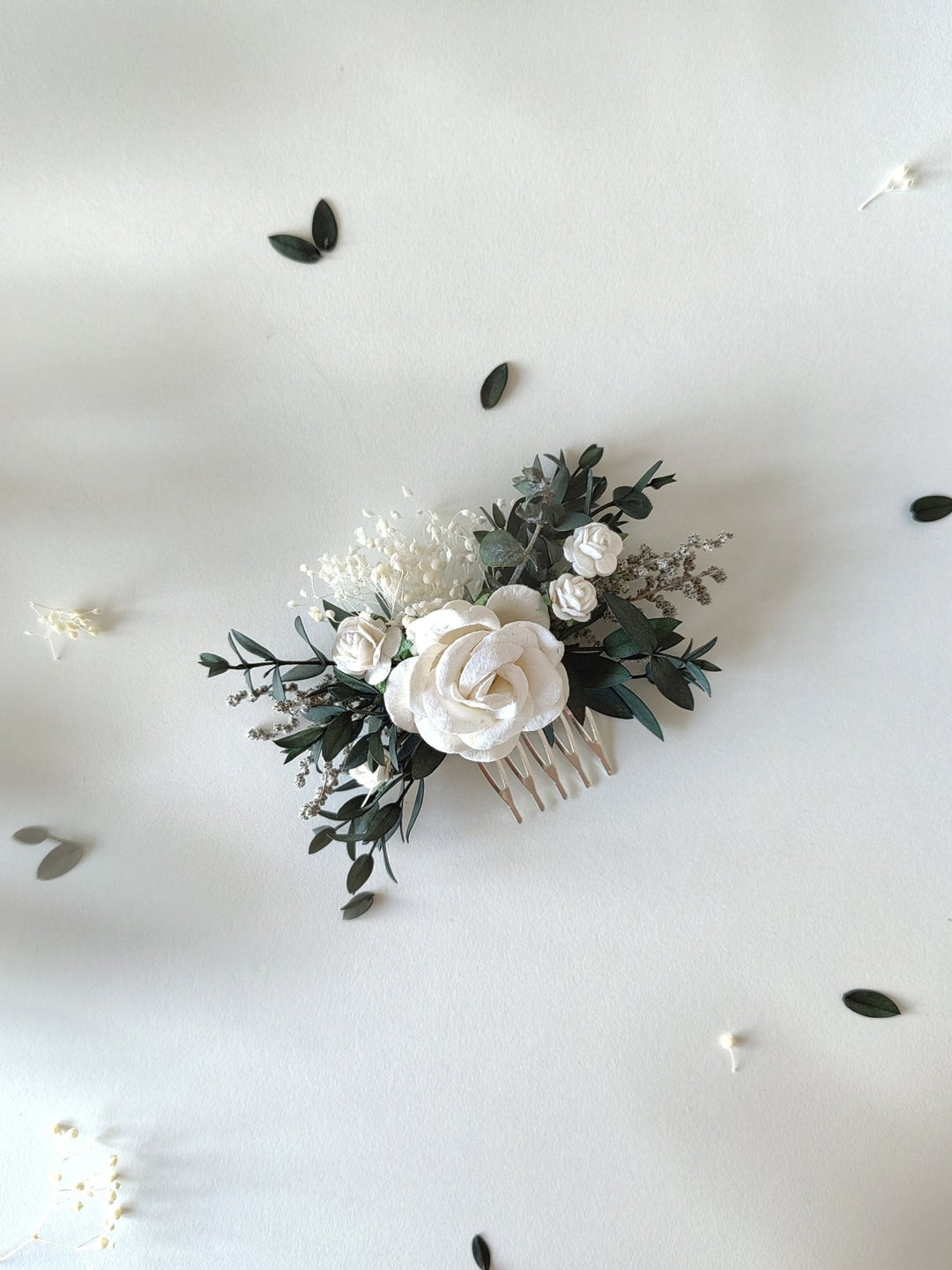 Bridal Flower Hair Comb: Romantic Greenery, White Roses – handmade floral hair accessory by magaela