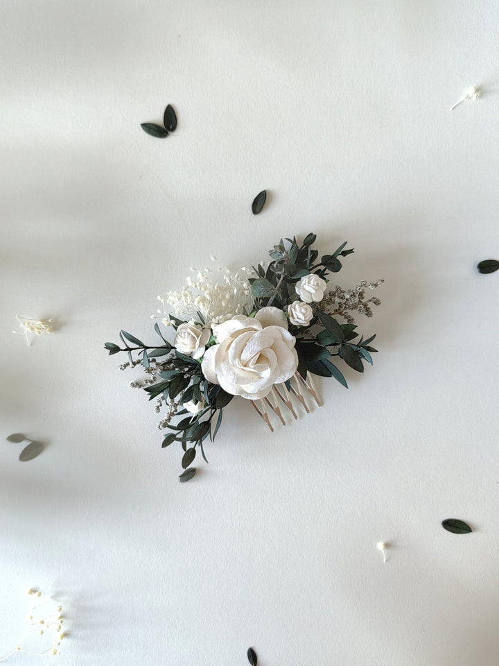 Bridal Flower Hair Comb: Romantic Greenery, White Roses – handmade floral hair accessory by magaela
