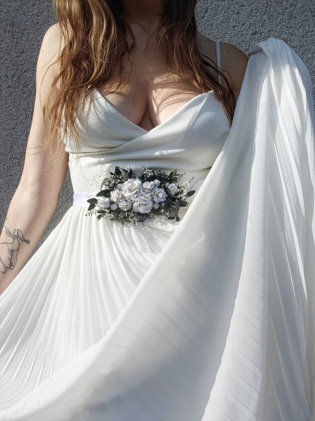 Eucalyptus & White Rose Flower Belt: Greenery Wedding Bridal Belt – handmade floral hair accessory by magaela