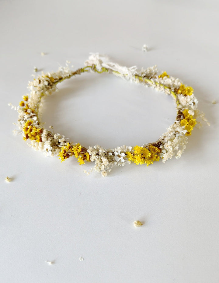 Yellow Ivory Flower Crown: Bridal Dried Floral Headpiece – handmade floral hair accessory by magaela
