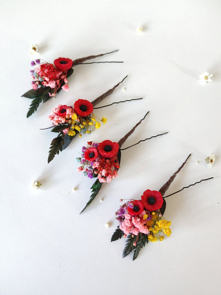 Floral Hair Pins: Folk Meadow Poppy Flower Bridal Hair Accessories – handmade floral hair accessory by magaela