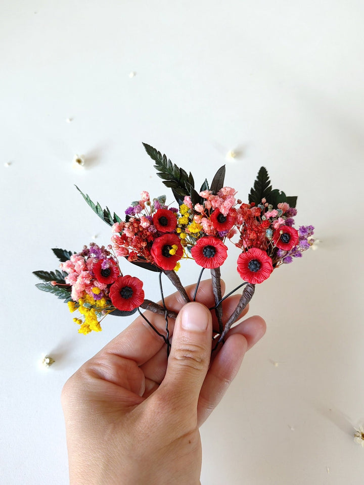 Floral Hair Pins: Folk Meadow Poppy Flower Bridal Hair Accessories – handmade floral hair accessory by magaela
