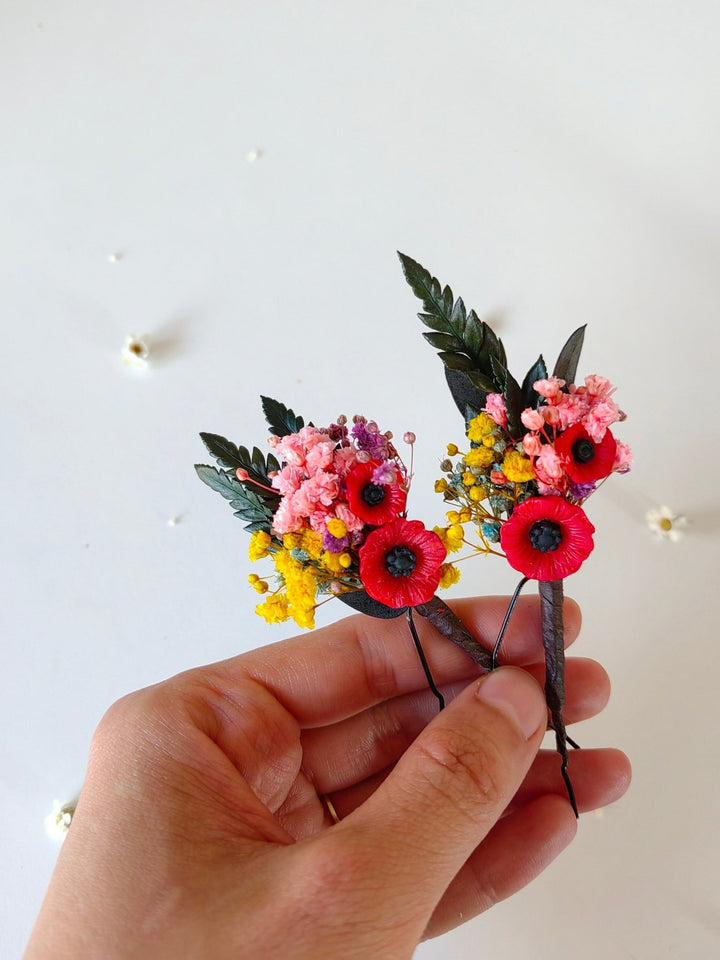 Floral Hair Pins: Folk Meadow Poppy Flower Bridal Hair Accessories – handmade floral hair accessory by magaela