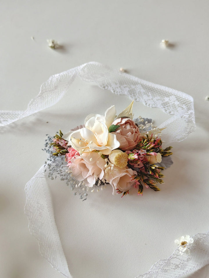 Pale Pink Flower Bracelet, Bridesmaid Accessories – handmade floral hair accessory by magaela