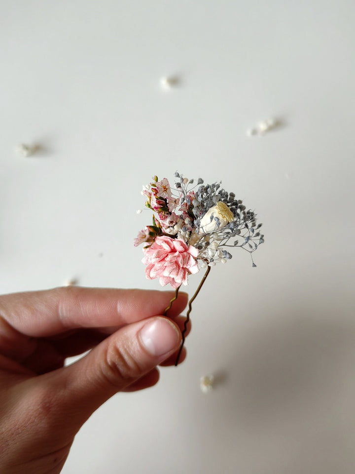 Blush Flower Hairpins: Pink, Cream & Blue Bridal Hair Accessory – handmade floral hair accessory by magaela