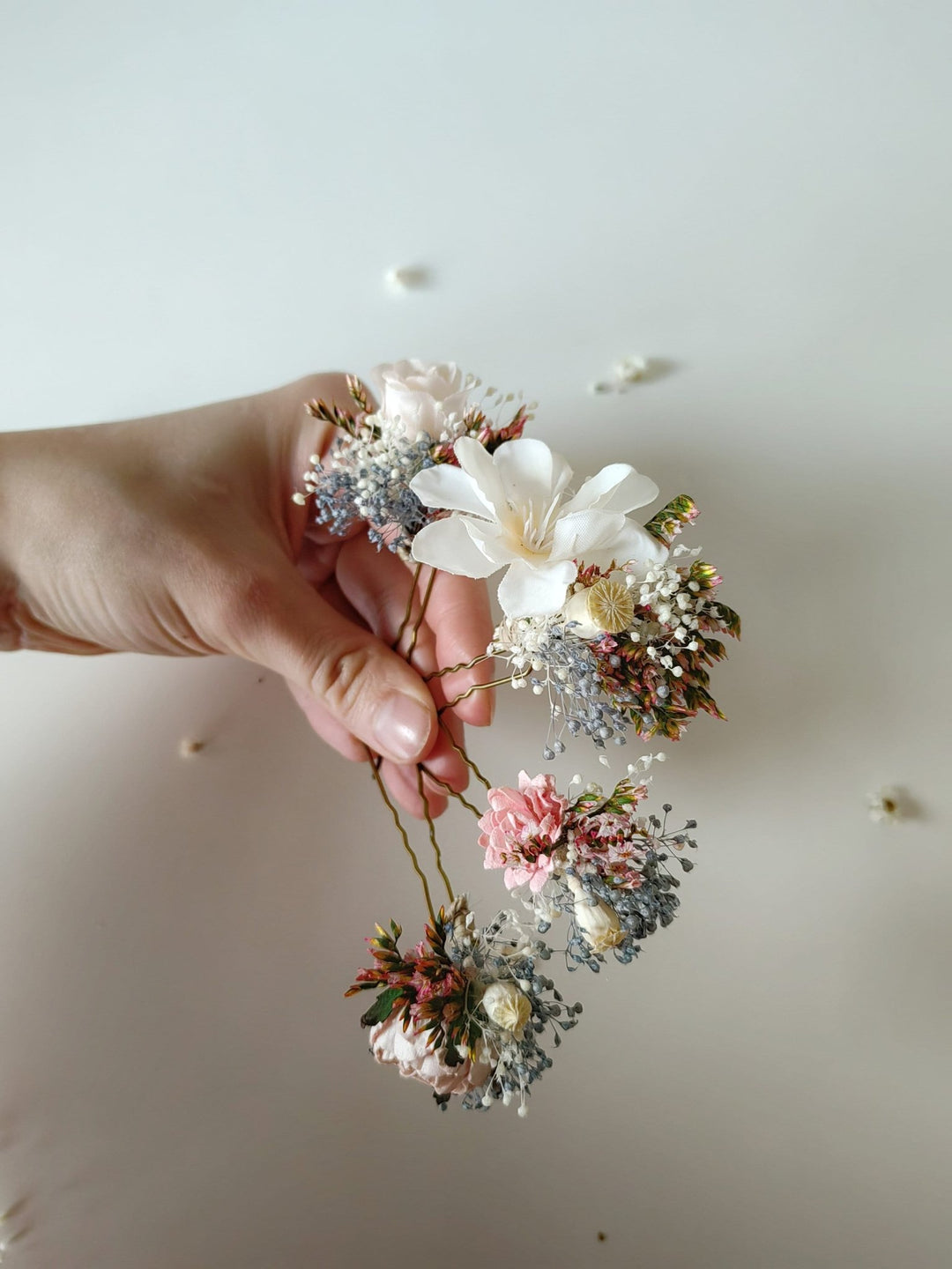 Blush Flower Hairpins: Pink, Cream & Blue Bridal Hair Accessory – handmade floral hair accessory by magaela