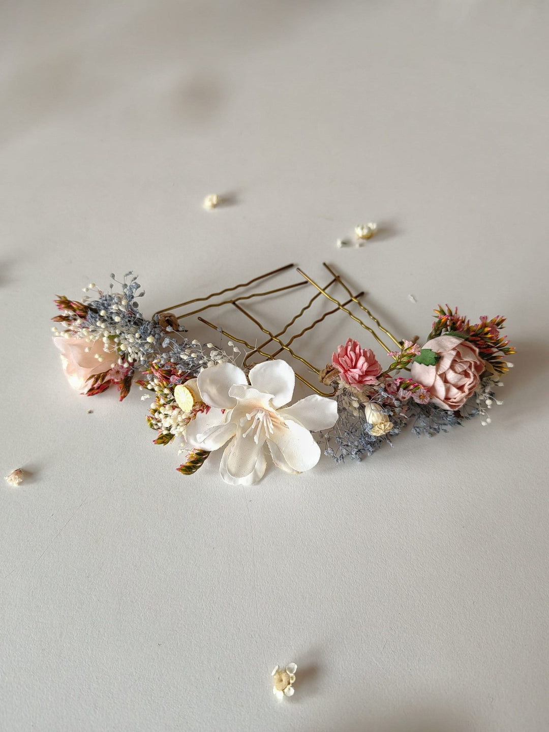 Blush Flower Hairpins: Pink, Cream & Blue Bridal Hair Accessory – handmade floral hair accessory by magaela