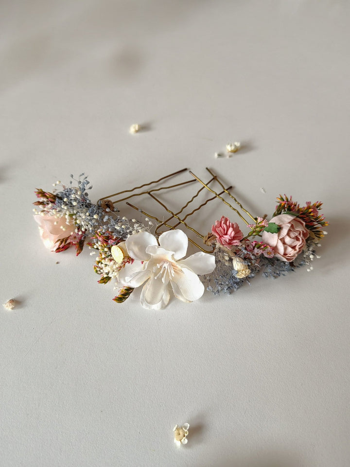 Blush Flower Hairpins: Pink, Cream & Blue Bridal Hair Accessory – handmade floral hair accessory by magaela
