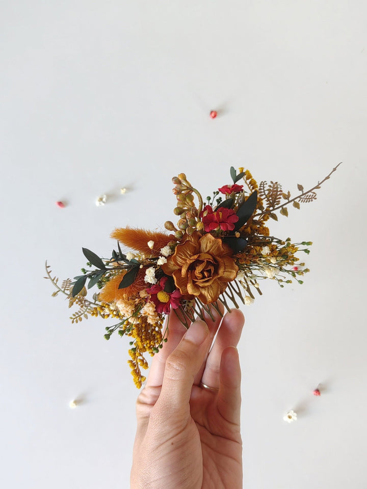 Autumn Flower Hair Comb: Burnt Orange Rustic Wedding Bridal Accessory – handmade floral hair accessory by magaela