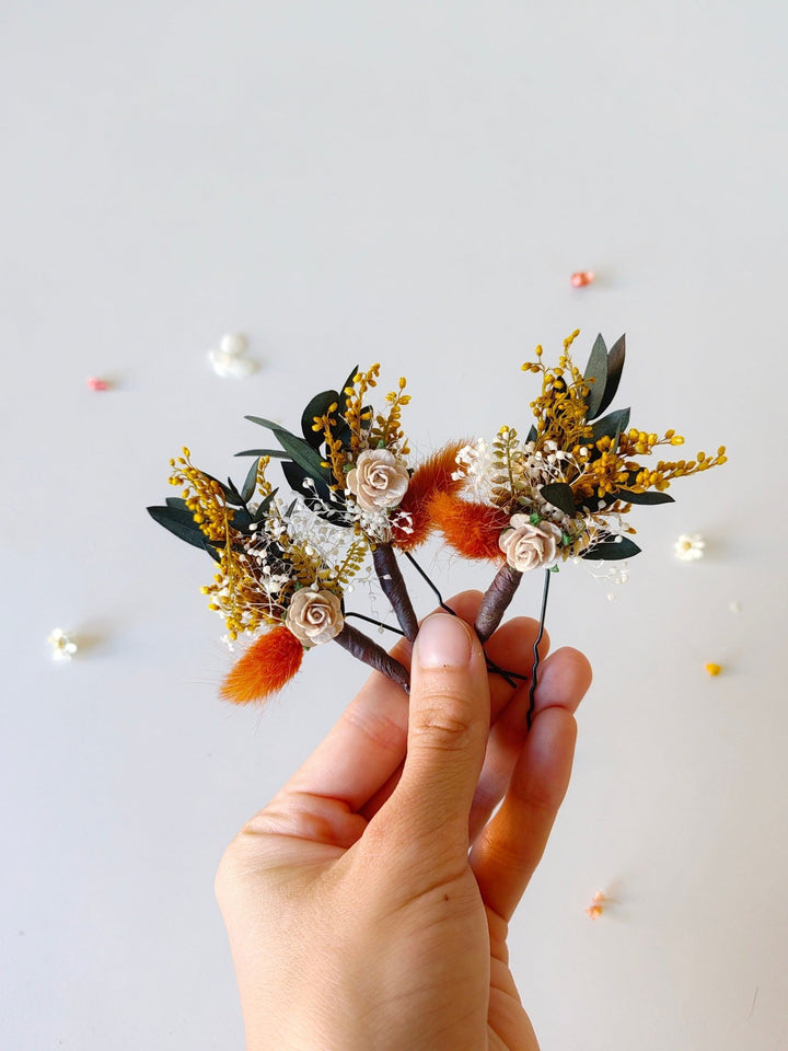 Terracotta Flower Hairpins: Autumn Wedding Bridal Hair Accessory – handmade floral hair accessory by magaela
