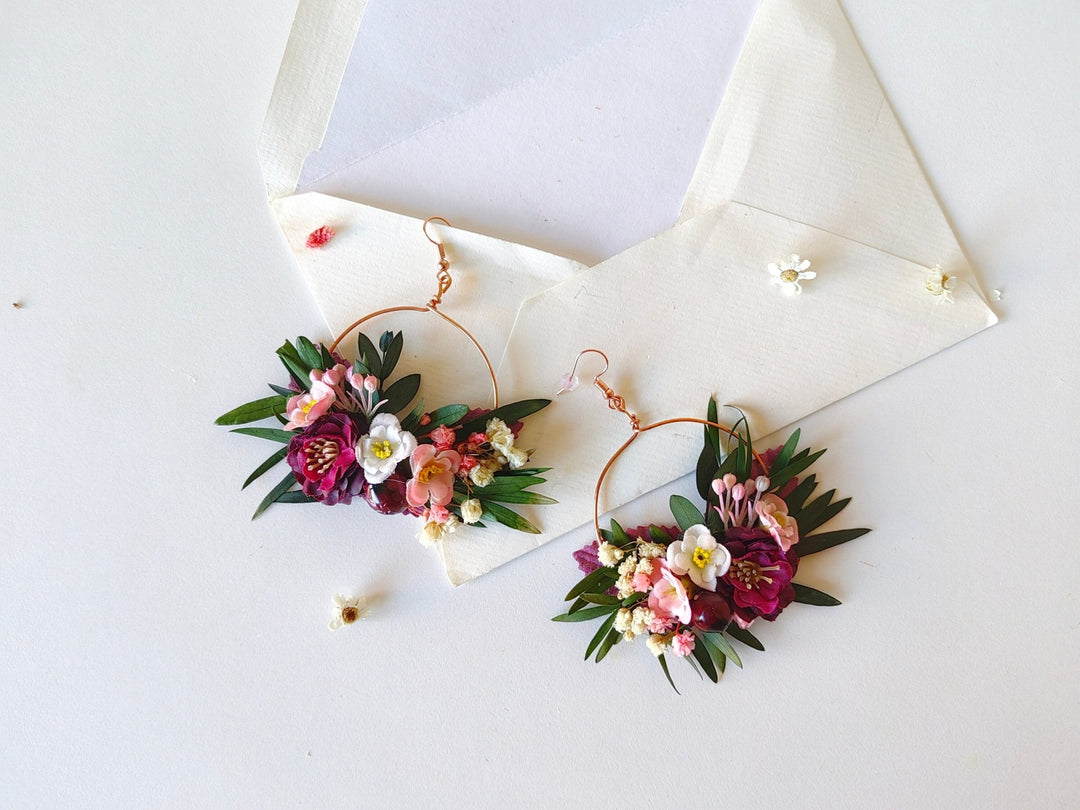 Burgundy Floral Hoop Earrings: Romantic Wedding Jewelry – handmade floral hair accessory by magaela