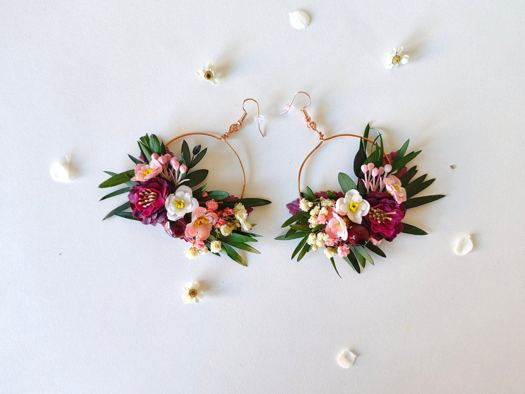 Burgundy Floral Hoop Earrings: Romantic Wedding Jewelry – handmade floral hair accessory by magaela