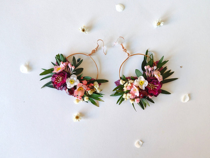 Burgundy Floral Hoop Earrings: Romantic Wedding Jewelry – handmade floral hair accessory by magaela