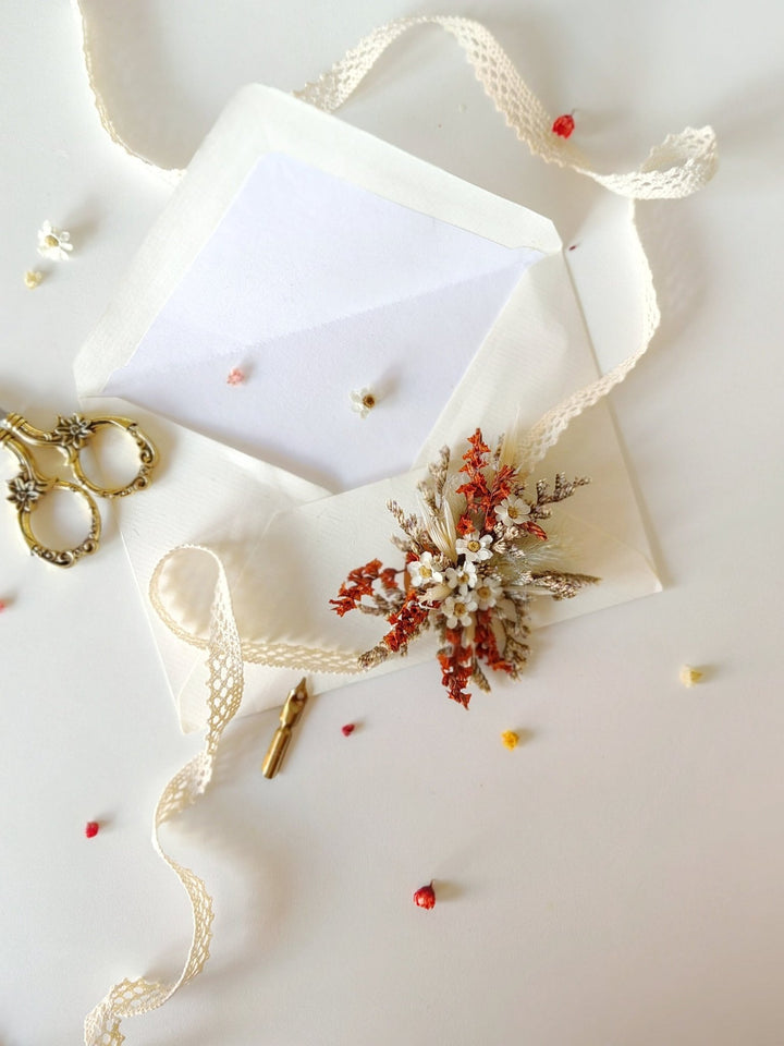 Terracotta Wedding Flower Set: Rustic Autumn Wreath, Bracelet & Hair Comb – handmade floral hair accessory by magaela