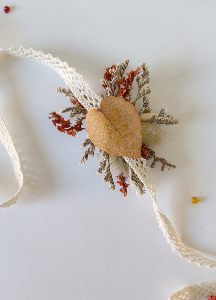 Terracotta Wedding Flower Set: Rustic Autumn Wreath, Bracelet & Hair Comb – handmade floral hair accessory by magaela