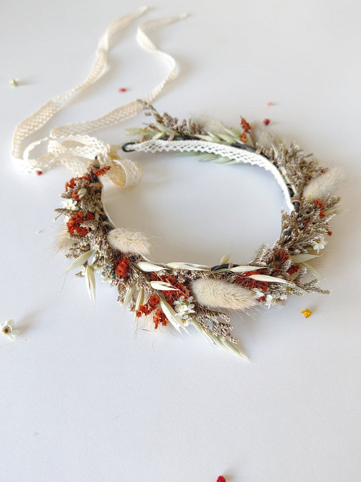 Terracotta Wedding Flower Set: Rustic Autumn Wreath, Bracelet & Hair Comb – handmade floral hair accessory by magaela