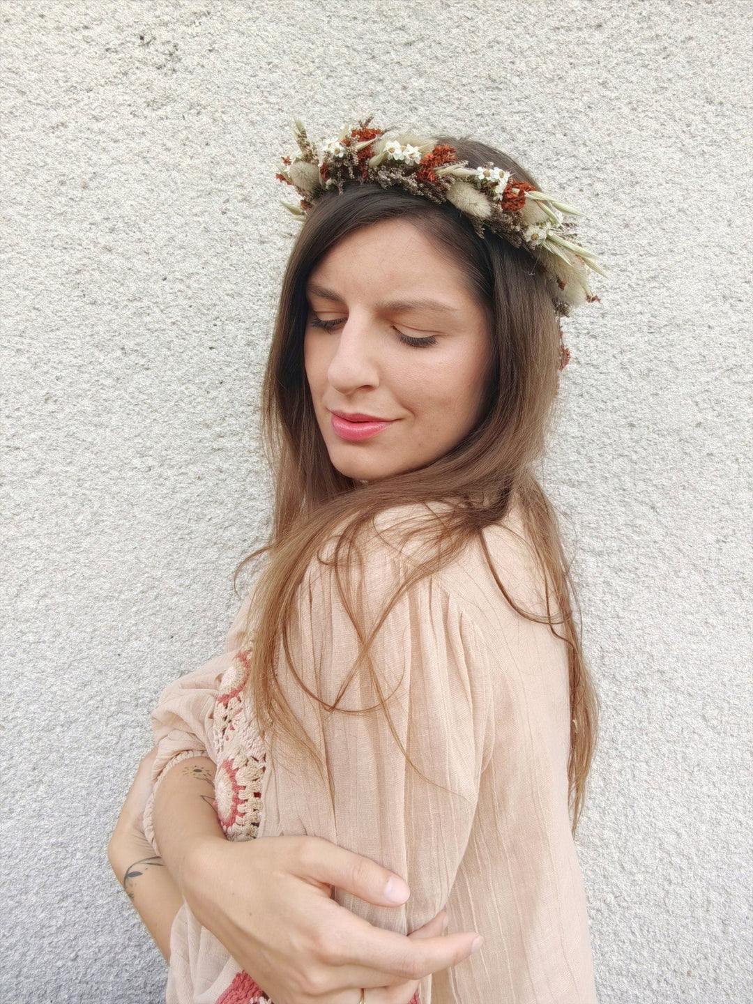 Terracotta Wedding Flower Set: Rustic Autumn Wreath, Bracelet & Hair Comb – handmade floral hair accessory by magaela