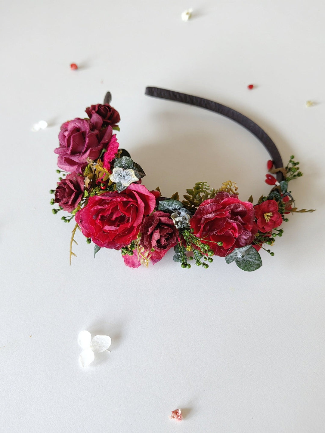 Red Flower Bridal Headband: Autumn Wedding Floral Headpiece – handmade floral hair accessory by magaela