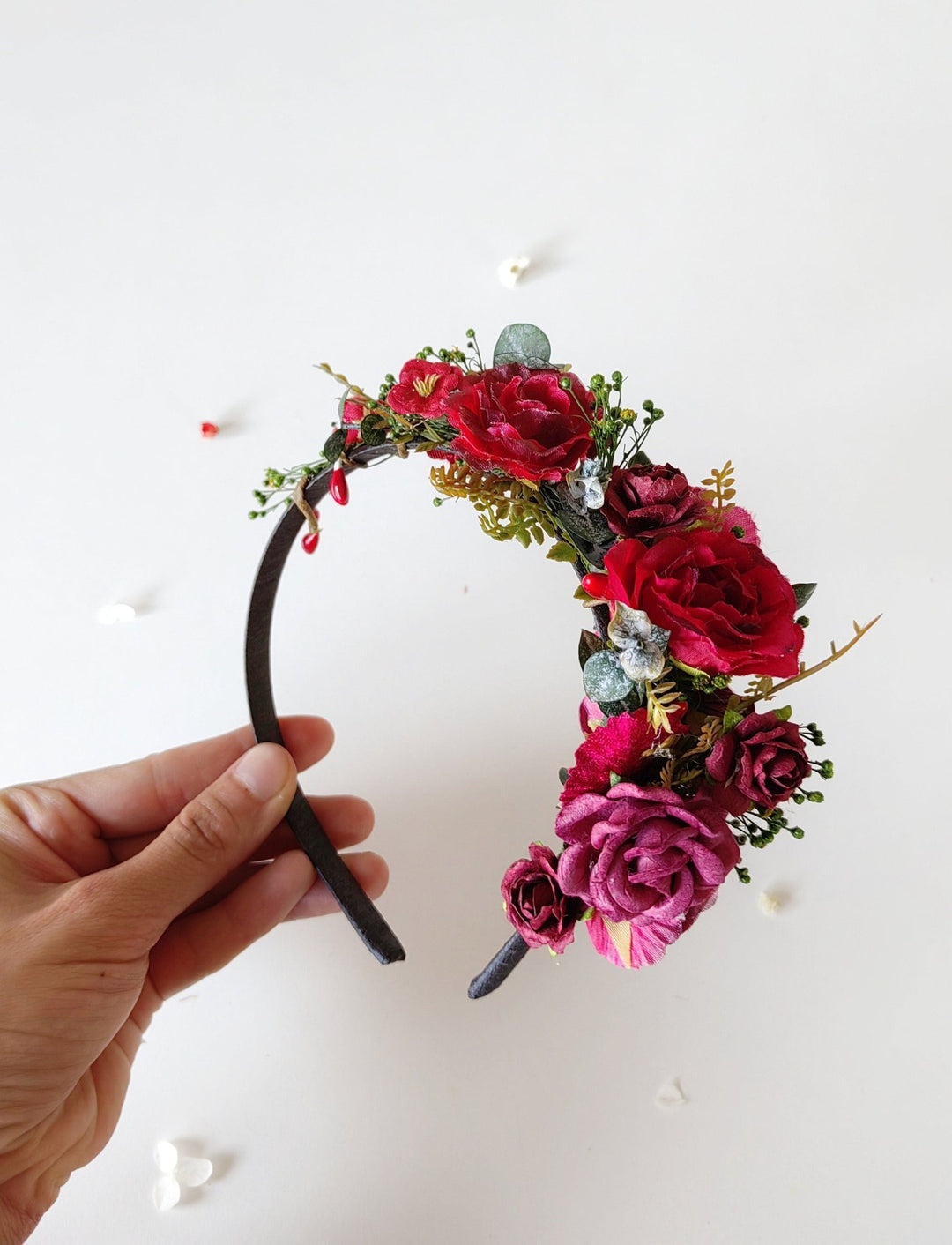 Red Flower Bridal Headband: Autumn Wedding Floral Headpiece – handmade floral hair accessory by magaela