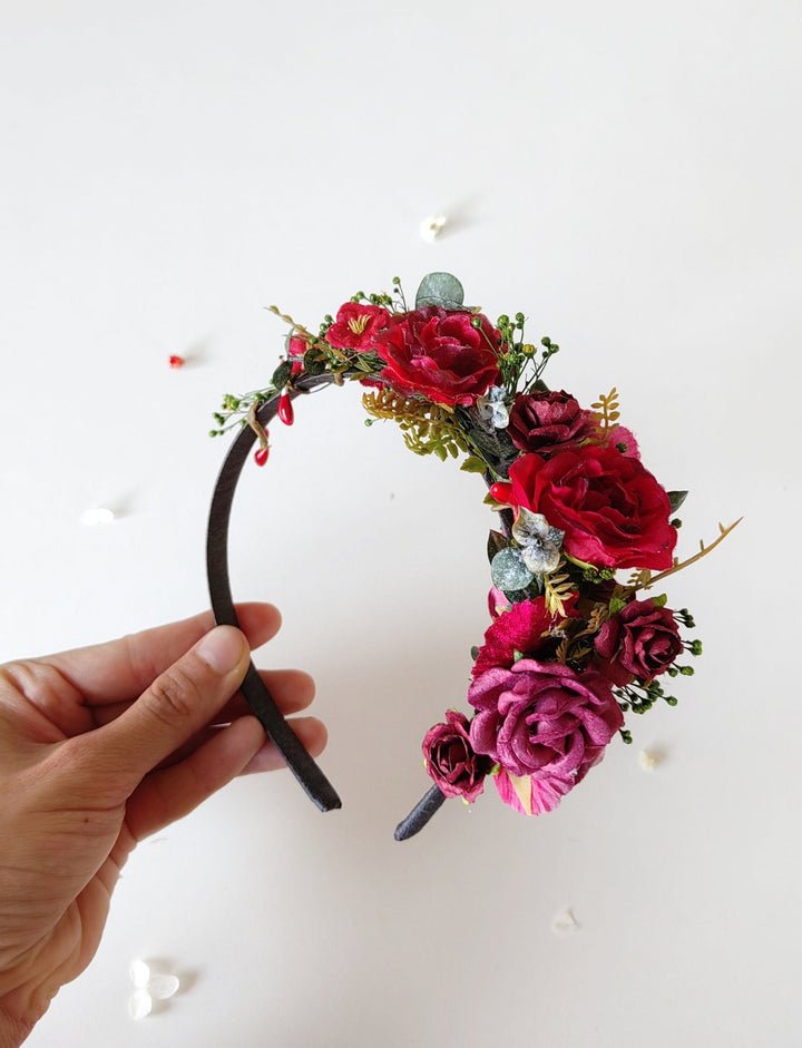 Red Flower Bridal Headband: Autumn Wedding Floral Headpiece – handmade floral hair accessory by magaela