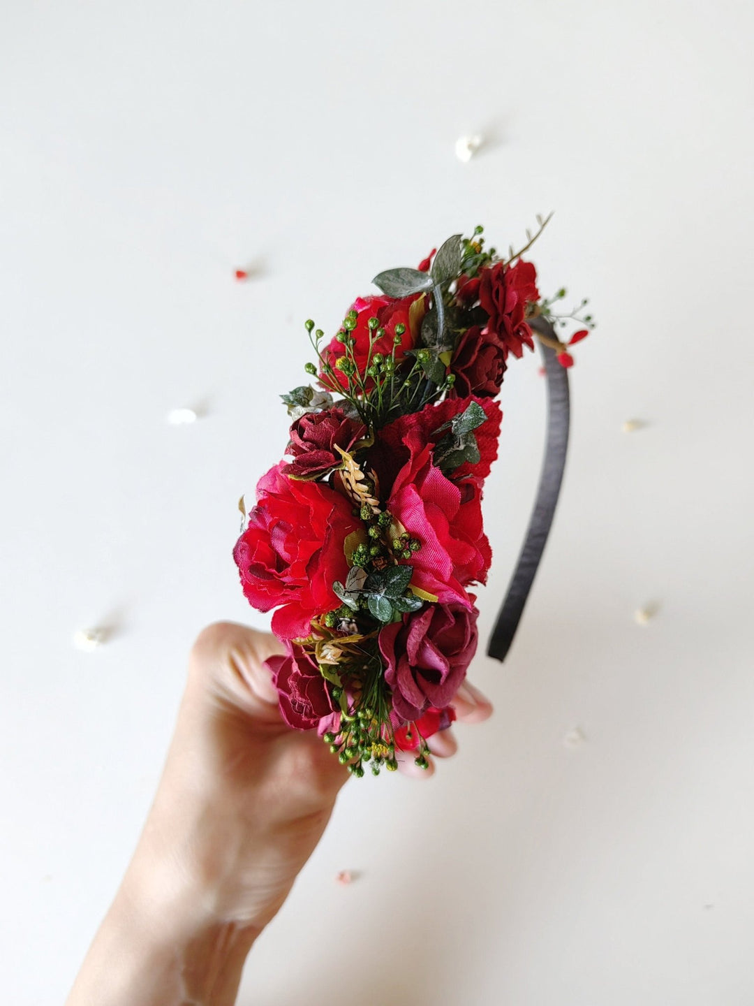 Red Flower Bridal Headband: Autumn Wedding Floral Headpiece – handmade floral hair accessory by magaela