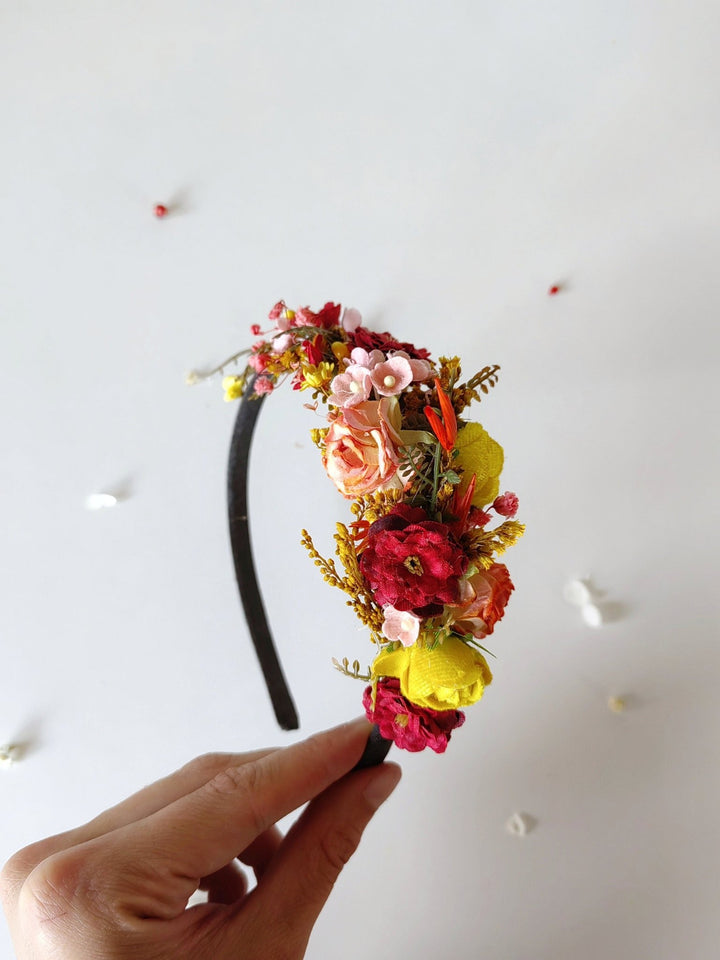 Autumn Flower Headband: Red & Yellow Bridal Headpiece – handmade floral hair accessory by magaela