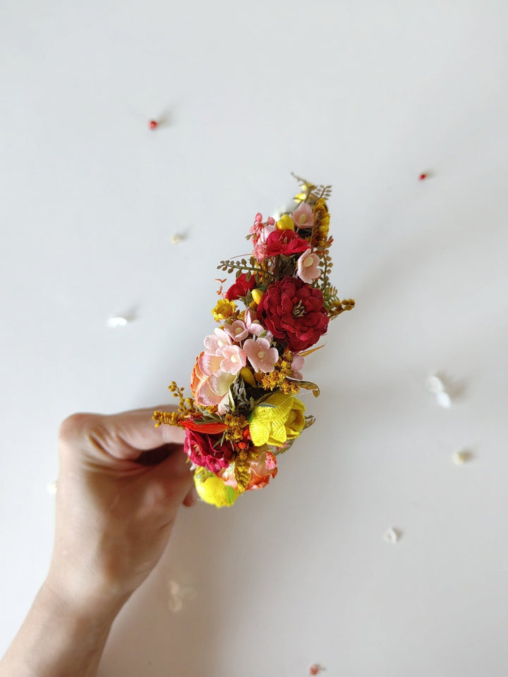 Autumn Flower Headband: Red & Yellow Bridal Headpiece – handmade floral hair accessory by magaela