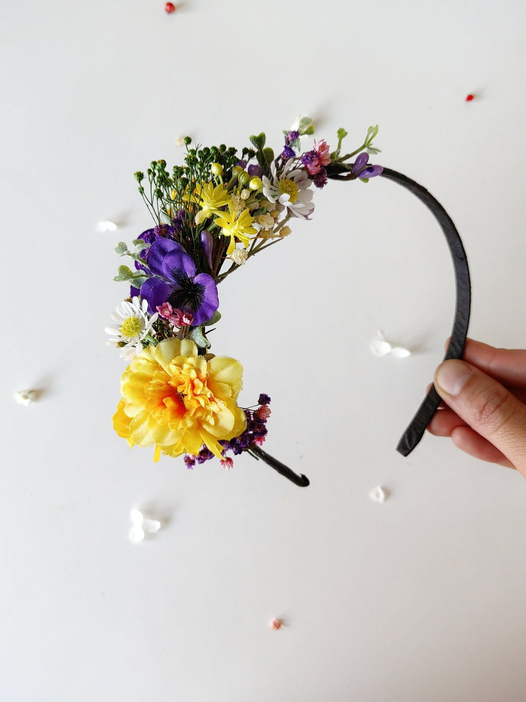 Purple and Yellow Floral Headband: Garden Wedding Bridal Headpiece – handmade floral hair accessory by magaela
