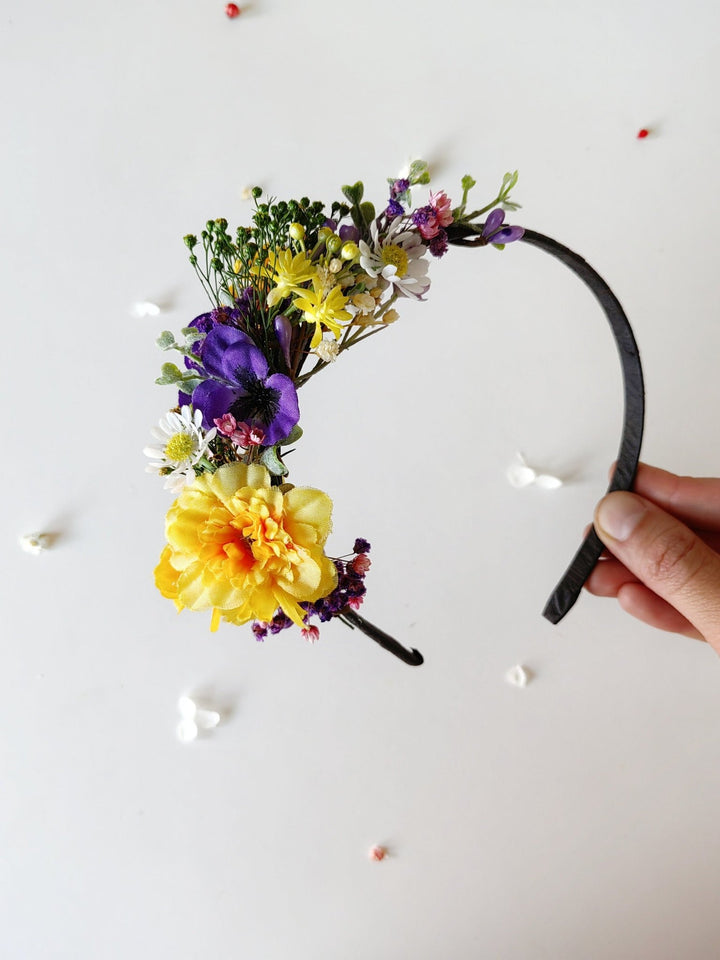 Purple and Yellow Floral Headband: Garden Wedding Bridal Headpiece – handmade floral hair accessory by magaela