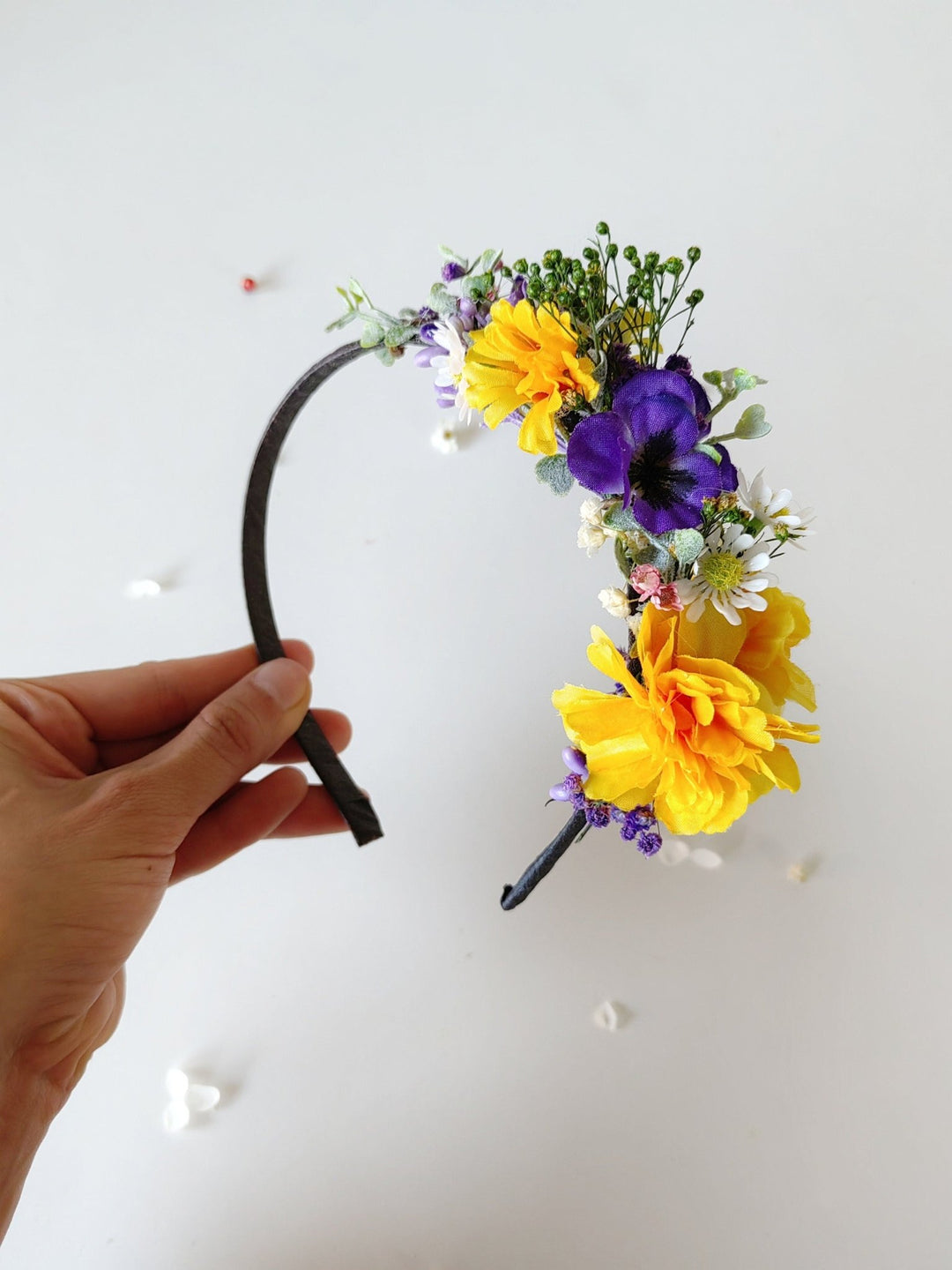 Purple and Yellow Floral Headband: Garden Wedding Bridal Headpiece – handmade floral hair accessory by magaela