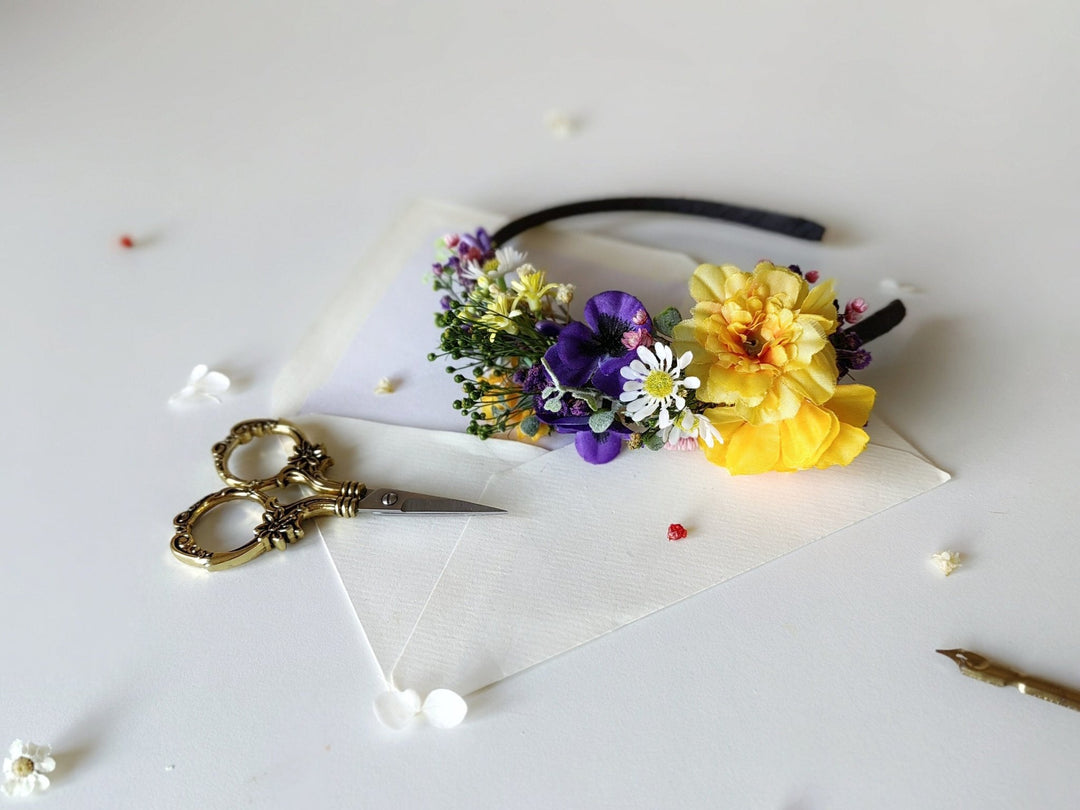 Purple and Yellow Floral Headband: Garden Wedding Bridal Headpiece – handmade floral hair accessory by magaela