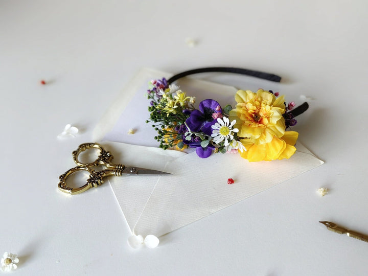 Purple and Yellow Floral Headband: Garden Wedding Bridal Headpiece – handmade floral hair accessory by magaela