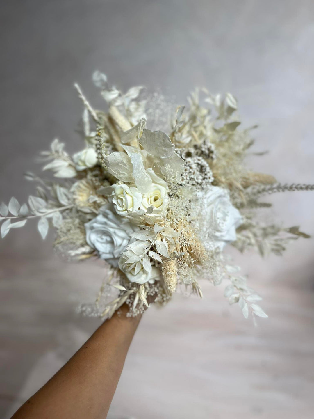 White Boho Wedding Bouquet: Preserved & Fabric Flowers – handmade floral hair accessory by magaela