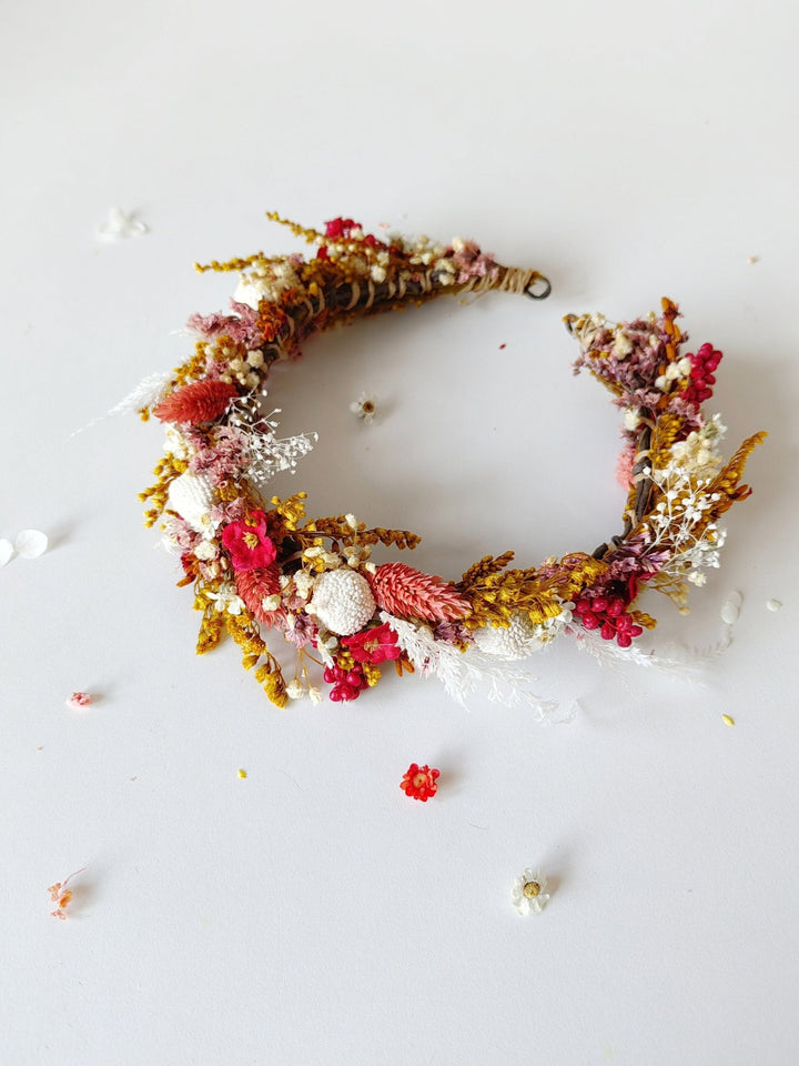 Boho Autumn Flower Half Wreath: Rustic Bridal Headpiece – handmade floral hair accessory by magaela