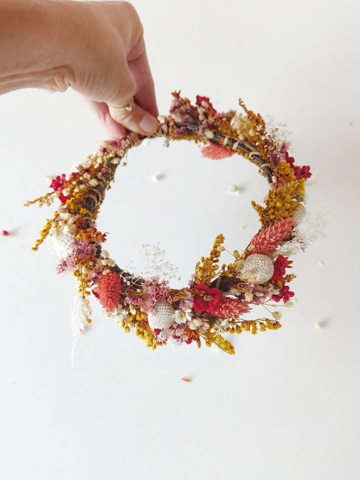 Boho Autumn Flower Half Wreath: Rustic Bridal Headpiece – handmade floral hair accessory by magaela