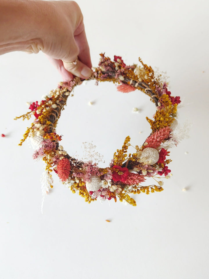 Boho Autumn Flower Half Wreath: Rustic Bridal Headpiece – handmade floral hair accessory by magaela